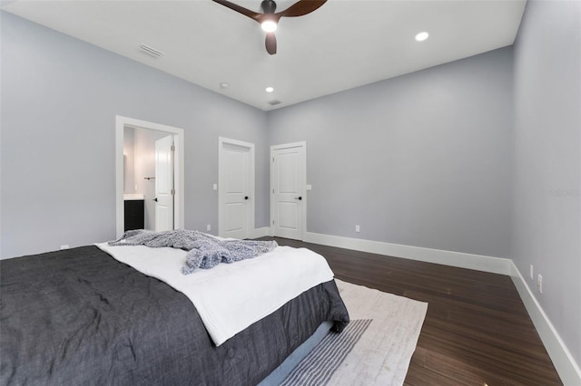 806 W Adalee St, Tampa, FL 33603 - bedroom featuring dark wood-style floors, baseboards, ceiling fan, recessed lighting, and ensuite bathroom