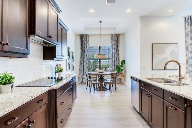 13008 Eagles Entry Dr, Odessa, FL 33556 - kitchen with a sink, dishwasher, a tray ceiling, light wood finished floors, and dark brown cabinets