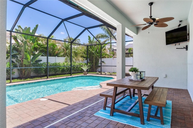 13008 Eagles Entry Dr, Odessa, FL 33556 - view of pool with a fenced backyard, a patio area, ceiling fan, and a lanai