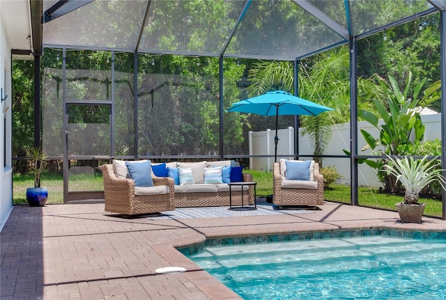 13008 Eagles Entry Dr, Odessa, FL 33556 - view of swimming pool with an outdoor living space, a lanai, and a patio area