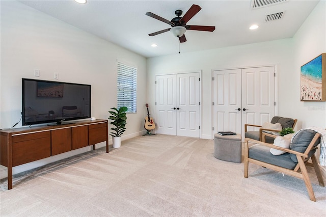 13008 Eagles Entry Dr, Odessa, FL 33556 - living area featuring ceiling fan, light carpet, recessed lighting, and baseboards