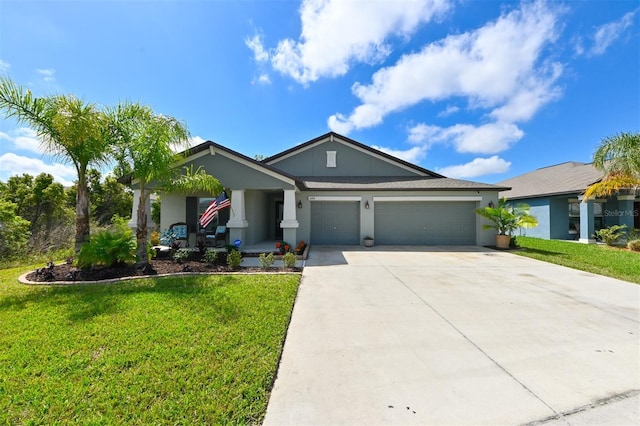6416 Cobble Bliss St, Zephyrhills, FL 33541 - ranch-style home with driveway, a front yard, stucco siding, an attached garage, and a porch