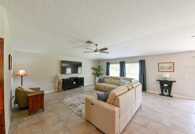 6416 Cobble Bliss St, Zephyrhills, FL 33541 - living room with a textured ceiling, visible vents, ceiling fan, and light tile patterned floors