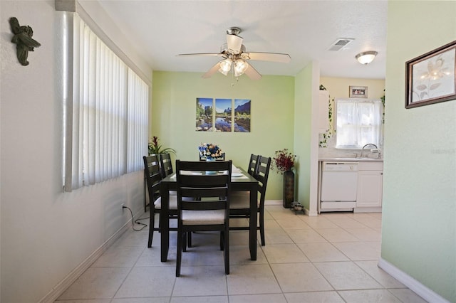 dining area with baseboards, visible vents, ceiling fan, and light tile patterned floors
