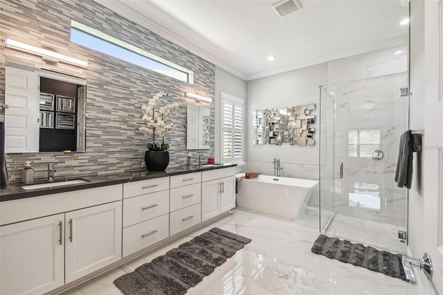 full bath with double vanity, visible vents, a sink, and a stall shower
