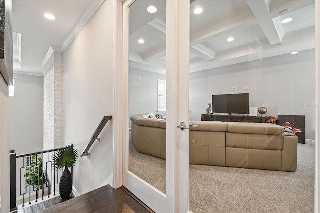 living room with recessed lighting, ornamental molding, beam ceiling, and coffered ceiling