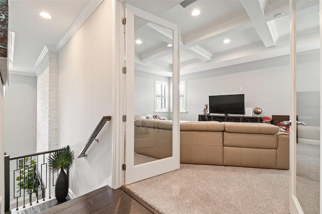 living room with crown molding, visible vents, recessed lighting, coffered ceiling, and beam ceiling