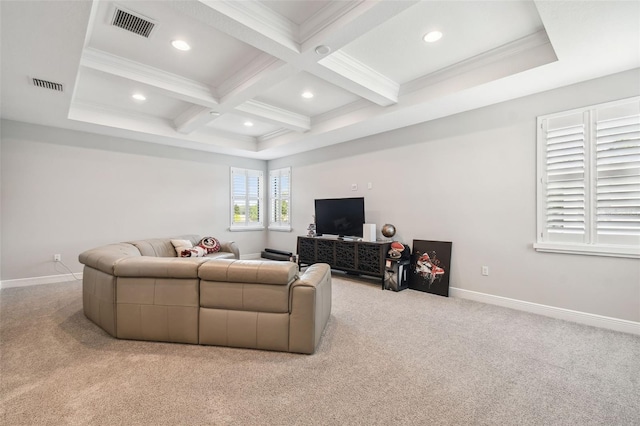 living room featuring carpet, visible vents, beamed ceiling, and ornamental molding