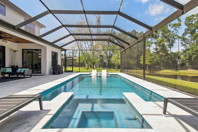 view of pool featuring a patio, an outdoor living space, a lanai, a water view, and a pool with connected hot tub