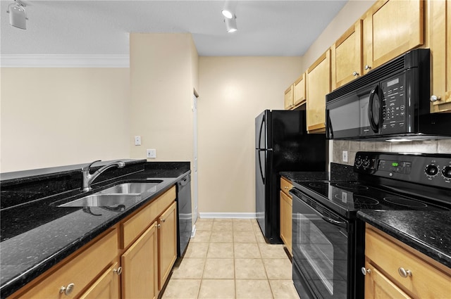 4207 S Dale Mabry Hwy Unit 3302, Tampa, FL 33611 - kitchen featuring dark stone countertops, decorative backsplash, a sink, light tile patterned flooring, and black appliances