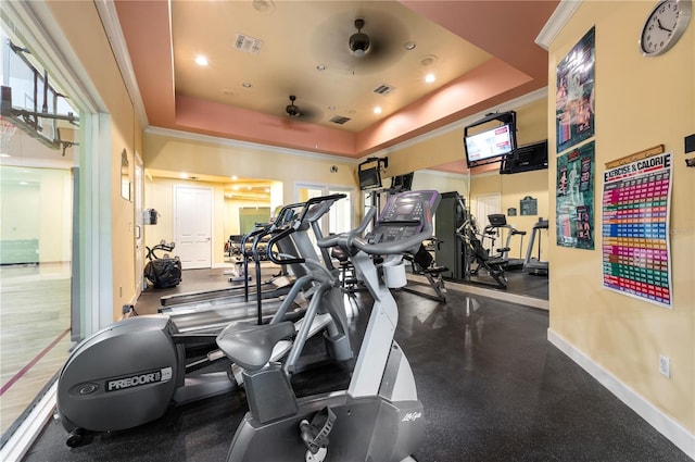 4207 S Dale Mabry Hwy Unit 3302, Tampa, FL 33611 - workout area with a tray ceiling, baseboards, visible vents, and ornamental molding