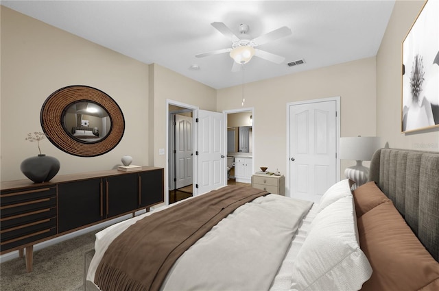 4207 S Dale Mabry Hwy Unit 3302, Tampa, FL 33611 - carpeted bedroom featuring a ceiling fan, connected bathroom, and visible vents