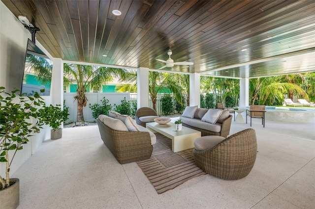 311 Spring Ave, Anna Maria, FL 34216 - view of patio with a ceiling fan, a fenced backyard, a fenced in pool, and outdoor lounge area