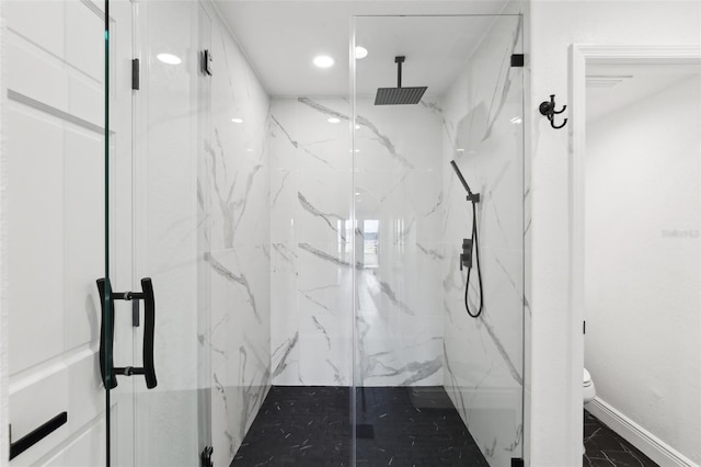 full bathroom with recessed lighting, toilet, marble finish floor, a marble finish shower, and baseboards