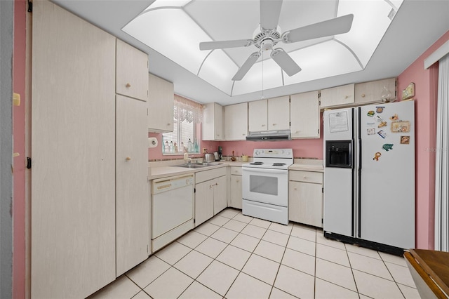 kitchen featuring light countertops, a tray ceiling, white appliances, under cabinet range hood, and a sink