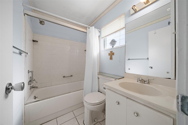 full bathroom with toilet, vanity, tile patterned floors, and shower / tub combo with curtain