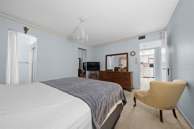 carpeted bedroom featuring crown molding, visible vents, white fridge with ice dispenser, and a notable chandelier
