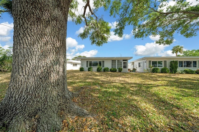 ranch-style house featuring stucco siding and a front yard