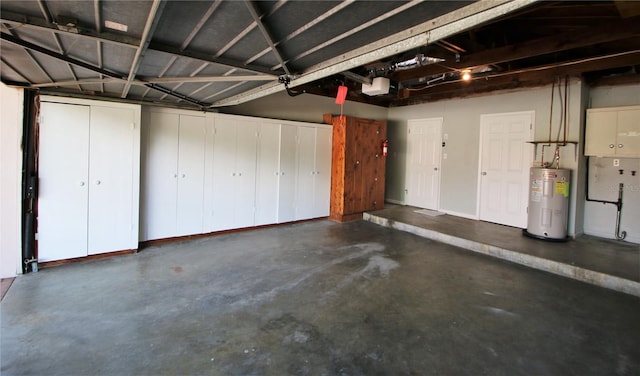 garage with water heater and a garage door opener