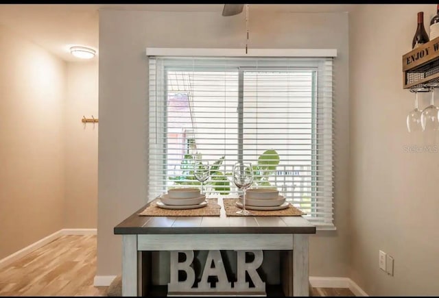 interior details with baseboards, wood finished floors, and a ceiling fan