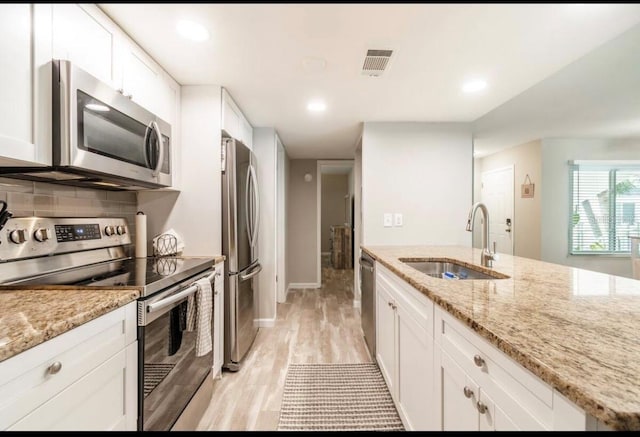kitchen with visible vents, stainless steel appliances, white cabinetry, a sink, and backsplash