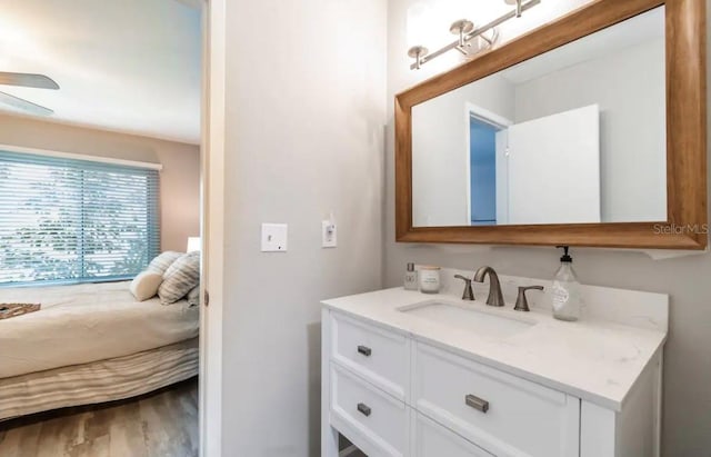 bathroom featuring a ceiling fan, wood finished floors, and vanity