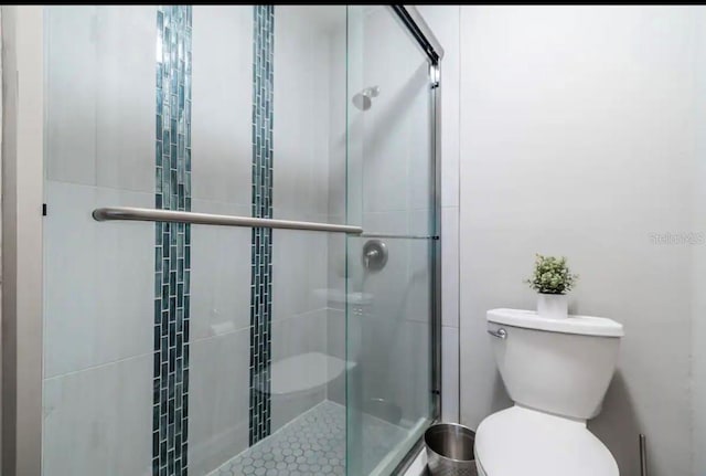 full bathroom with toilet and a shower stall