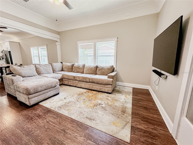 1515 E 31st Ave, Tampa, FL 33610 - living area with baseboards, crown molding, ceiling fan, and dark wood-style flooring