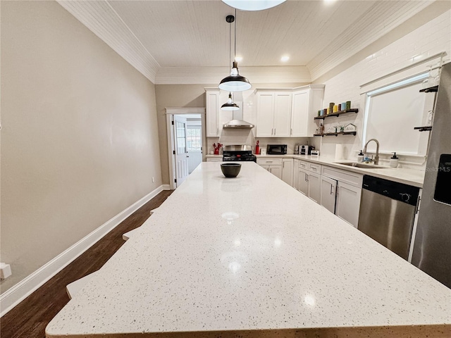 1515 E 31st Ave, Tampa, FL 33610 - kitchen with ornamental molding, stainless steel appliances, a sink, open shelves, and a large island