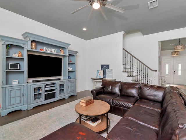 150 Chippewa Ave, Tampa, FL 33606 - living room with stairs, visible vents, ornamental molding, and a ceiling fan