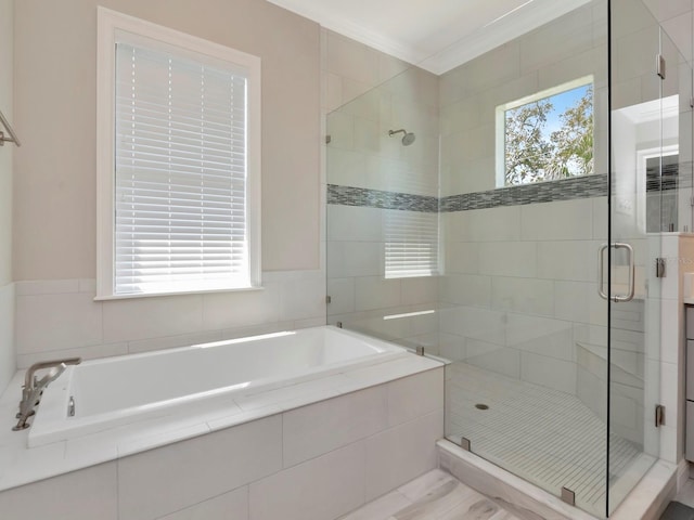 150 Chippewa Ave, Tampa, FL 33606 - bathroom featuring ornamental molding, a stall shower, and a garden tub