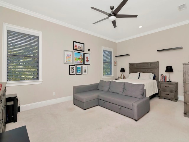 150 Chippewa Ave, Tampa, FL 33606 - carpeted bedroom featuring a ceiling fan, ornamental molding, baseboards, and visible vents