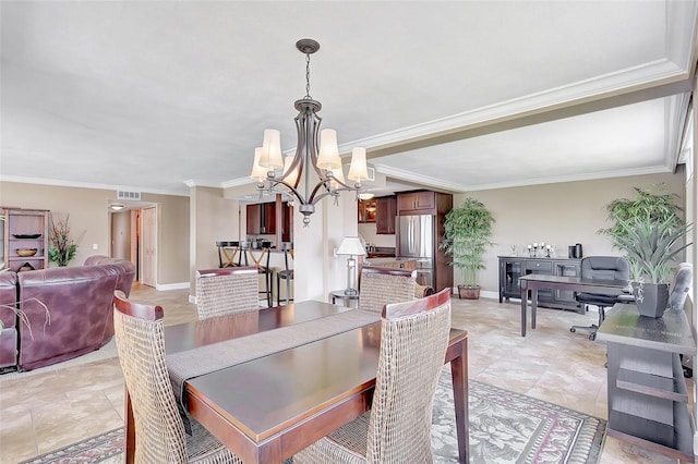 dining space with baseboards, a chandelier, ornamental molding, and visible vents