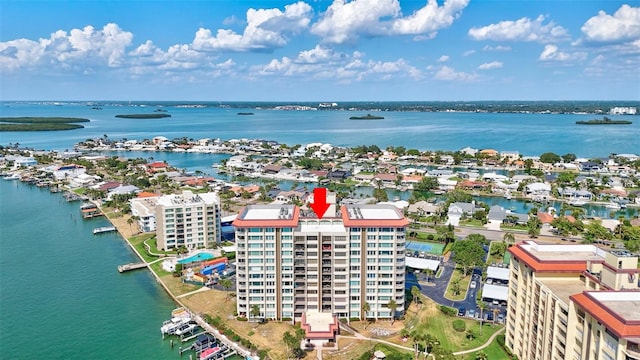 drone / aerial view featuring a water view