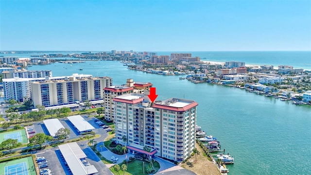 aerial view with a view of city and a water view