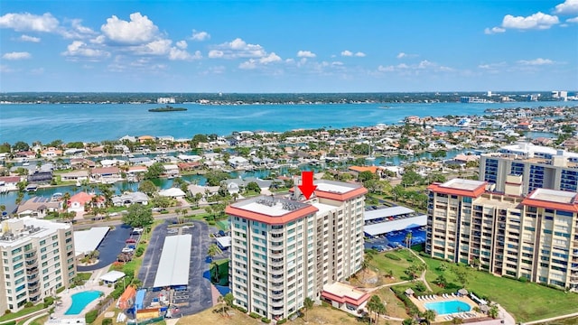 drone / aerial view with a water view