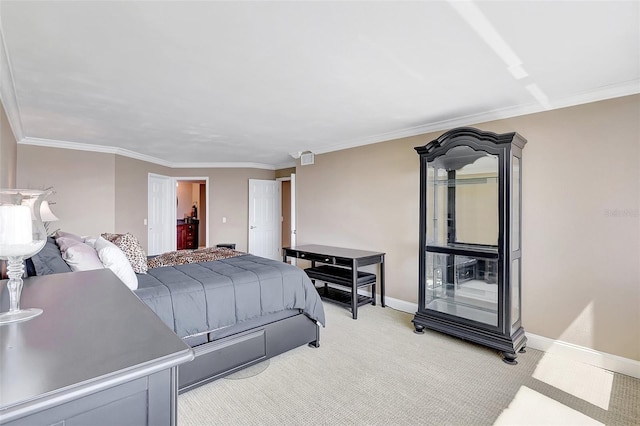 bedroom with baseboards, light carpet, and ornamental molding