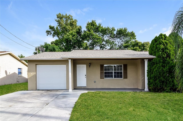 7338 Coventry Dr, Port Richey, FL 34668 - ranch-style house featuring a front yard, an attached garage, concrete driveway, and roof with shingles