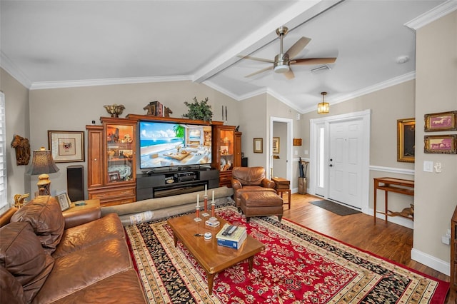 7944 Royal Hart Dr, New Port Richey, FL 34653 - living area featuring a ceiling fan, visible vents, wood finished floors, lofted ceiling, and baseboards