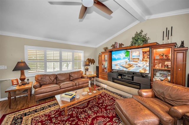7944 Royal Hart Dr, New Port Richey, FL 34653 - living room with crown molding, wood finished floors, a ceiling fan, and lofted ceiling