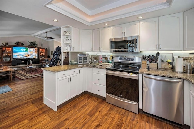 7944 Royal Hart Dr, New Port Richey, FL 34653 - kitchen featuring white cabinets, a peninsula, light stone countertops, dark wood-type flooring, and stainless steel appliances