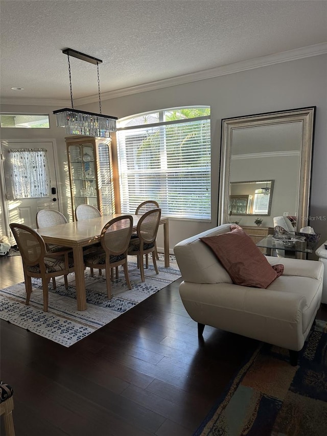 dining space featuring ornamental molding, wood finished floors, and a textured ceiling