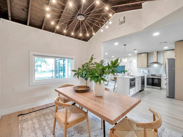 dining area featuring wooden ceiling, beam ceiling, light wood finished floors, and visible vents