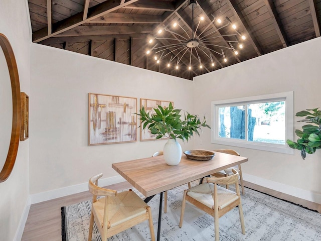 dining room featuring beamed ceiling, wood finished floors, and wood ceiling