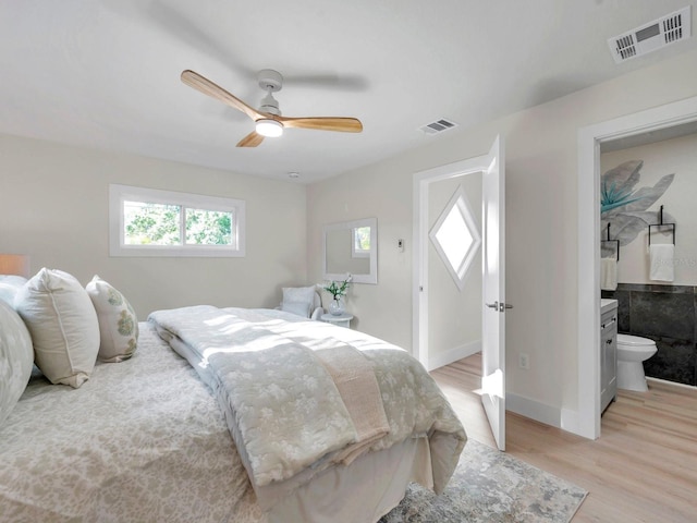 bedroom with ceiling fan, baseboards, light wood finished floors, and visible vents
