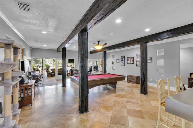 rec room featuring visible vents, a textured ceiling, recessed lighting, and billiards