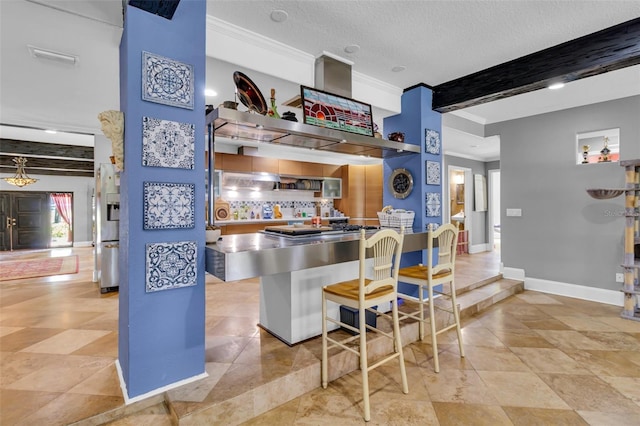 bar featuring crown molding, a textured ceiling, beamed ceiling, backsplash, and stainless steel refrigerator with ice dispenser