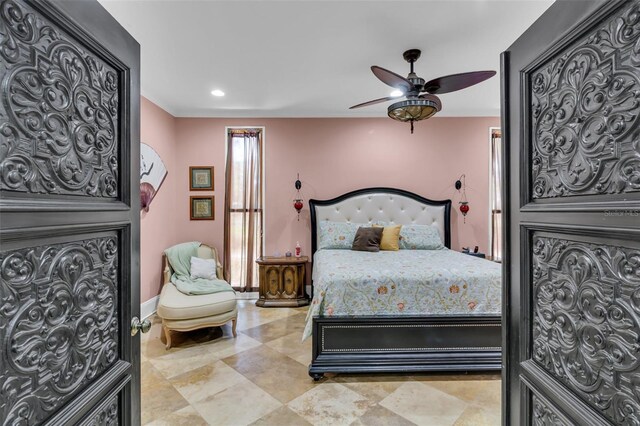 bedroom featuring baseboards, recessed lighting, and ceiling fan