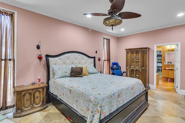 bedroom with a ceiling fan, baseboards, recessed lighting, and ornamental molding