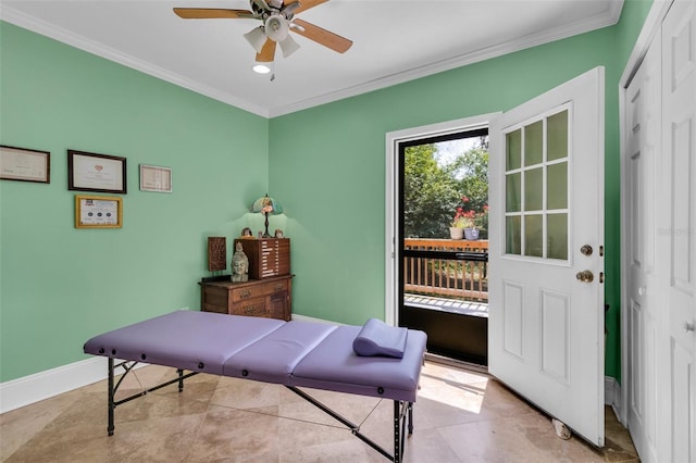 interior space featuring recessed lighting, a closet, crown molding, baseboards, and ceiling fan